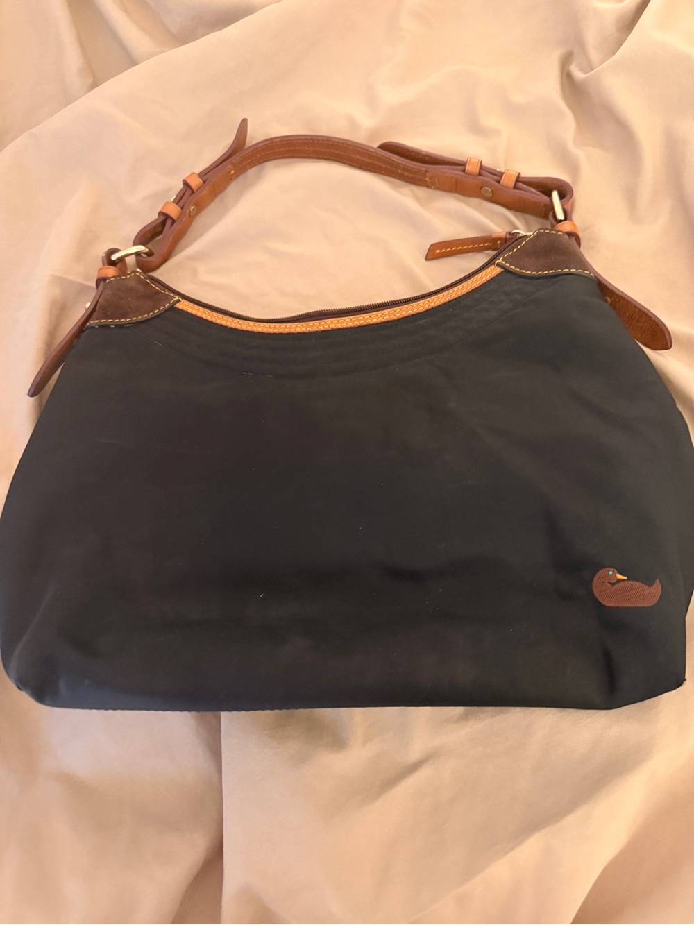 Dooney & Bourke Black Nylon Shoulder Bag with Brown Leather Trim